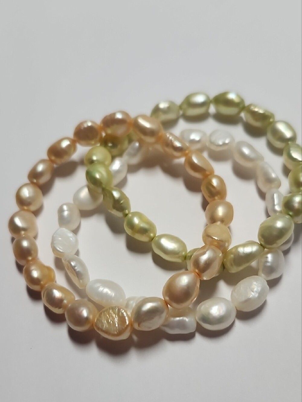 Real Pearl Stretch Bracelet Set — White, Green, Peach - Picture 3 of 4